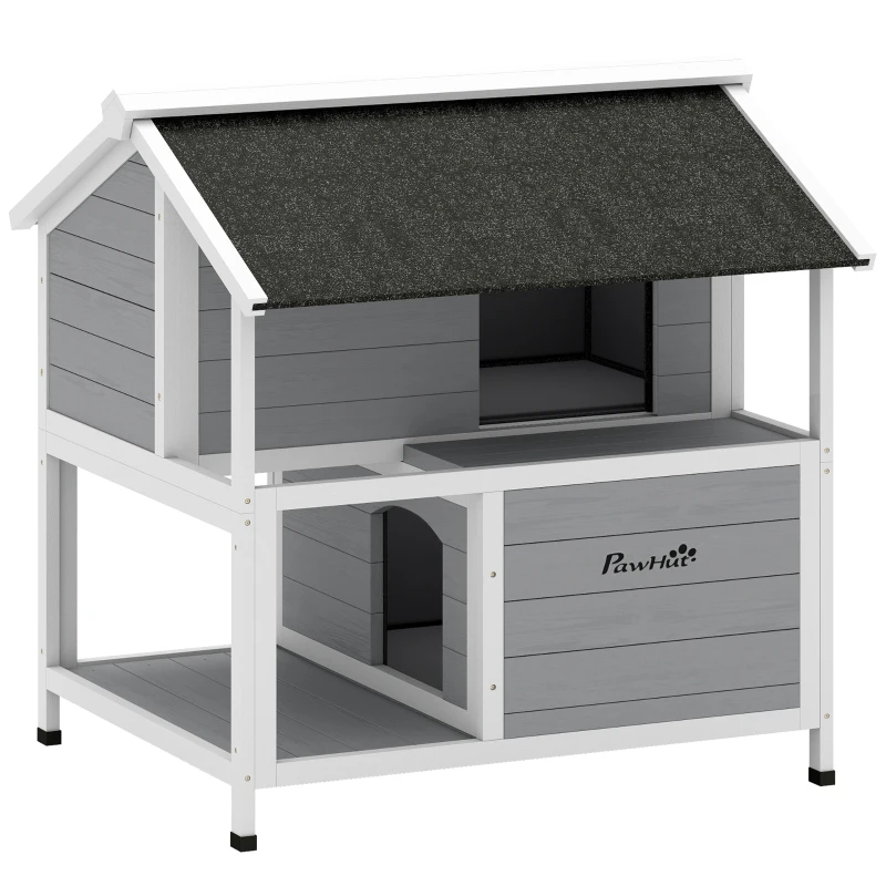 PawHut Maison pour chat extérieure, refuge pour chat d'extérieur, étanche, toit rabattable, bois d'épicéa, 80 x 93 x 95, Gris