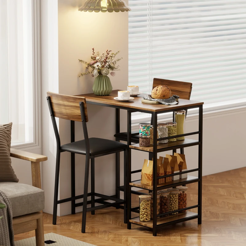 HOMCOM Table de Bar à 3 Étagères et 2 Tabourets avec Repose-pieds et Dossier, en Bois et Acier, Noir et couleur Noyer