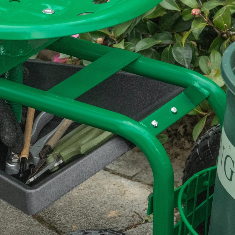 Outsunny Sgabello da giardino girevole con ruote e ripiano, portata 150 kg, Verde