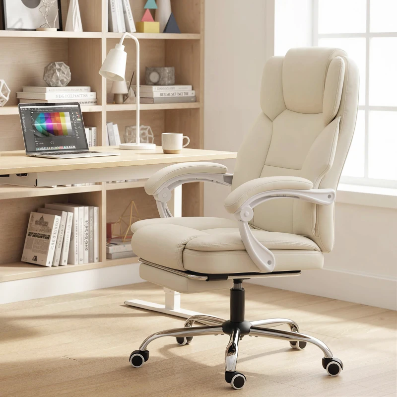 HOMCOM Scaun de birou ergonomic, fotoliu de birou cu spătar înclinat, înălțime reglabilă, 64x73x112-120cm, bej