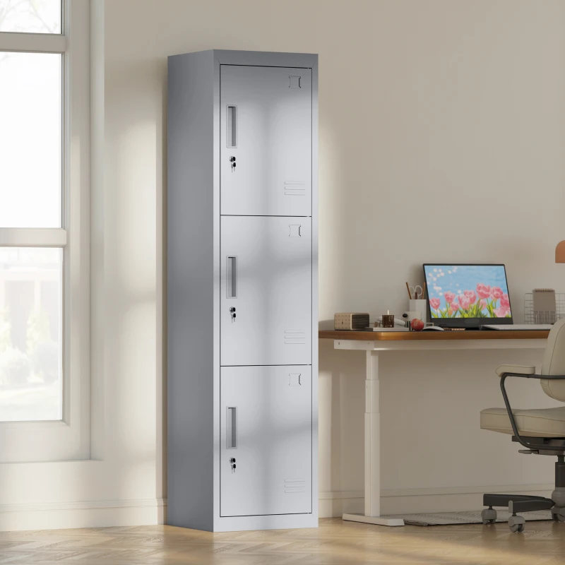HOMCOM Armoire de bureau en acier à 3 portes indépendantes avec serrure et 2 clés, 45x38x180 cm, Gris Chiaro