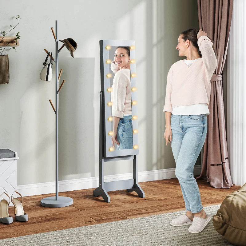 HOMCOM Miroir Coffre à Bijoux avec LED Armoire à Bijoux Armoire à Bijoux sur Pied Miroir Intégral Angle Réglable Gris