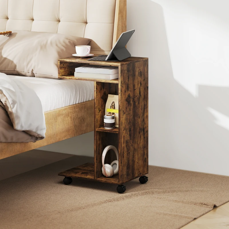 HOMCOM Table d'appoint, chariot en C, 4 roulettes, 3 compartiments, 40 x 30 x 69 cm, Brun rustique