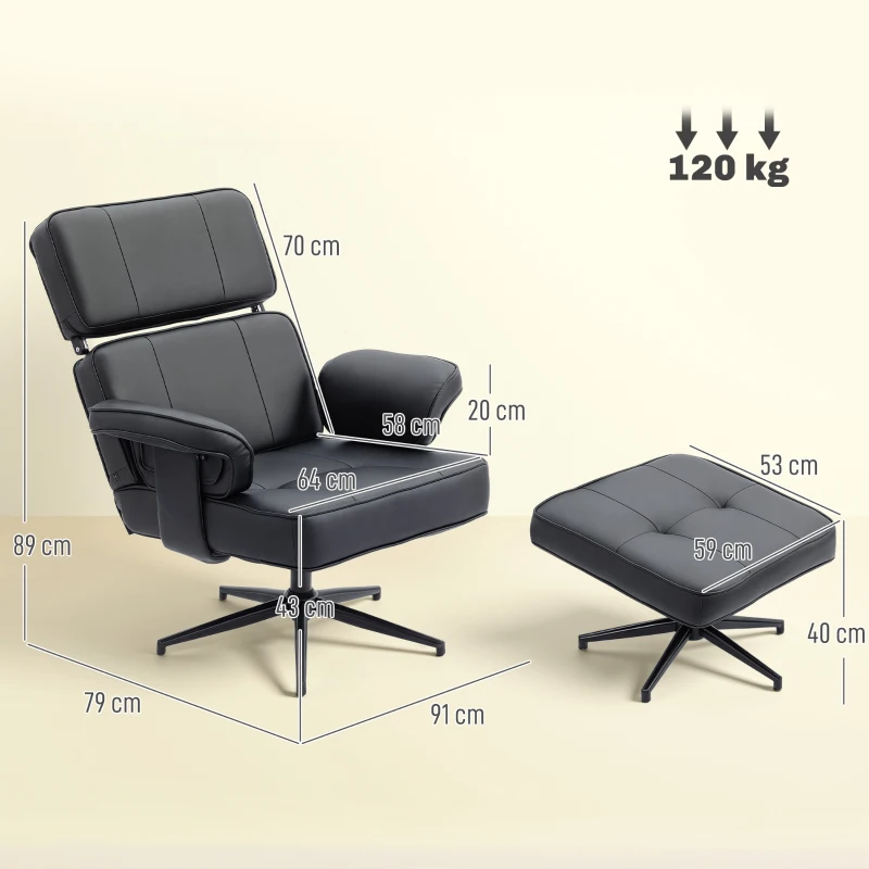 HOMCOM Fauteuil inclinable réglable avec repose-pieds, revêtement en simili cuir, appuie-tête réglable en hauteur, base métallique, Noir