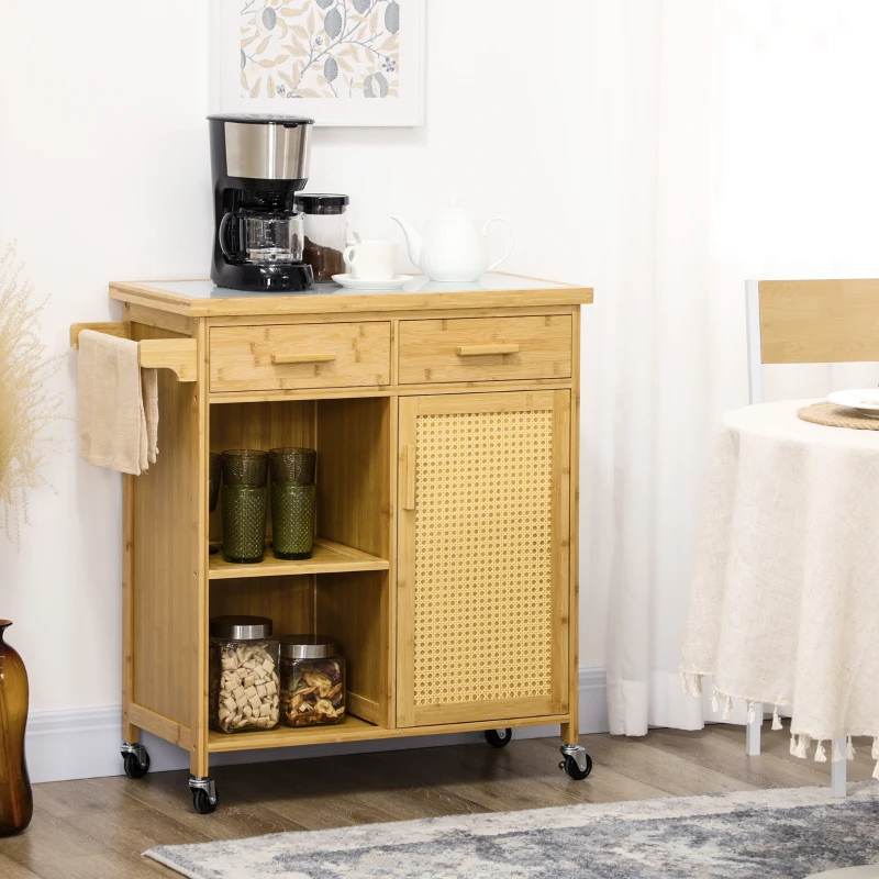 HOMCOM Carrello da Cucina in Bambù, Carrello Multifunzionale di Servizio con 2 Cassetti, 1 Armadietto e 2 Ripiani, Naturale
