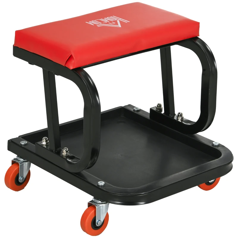 HOMCOM Tabouret d'atelier mobile sur roulettes Plateau à outils et structure en acier Charge 100 kg pour garage Rouge