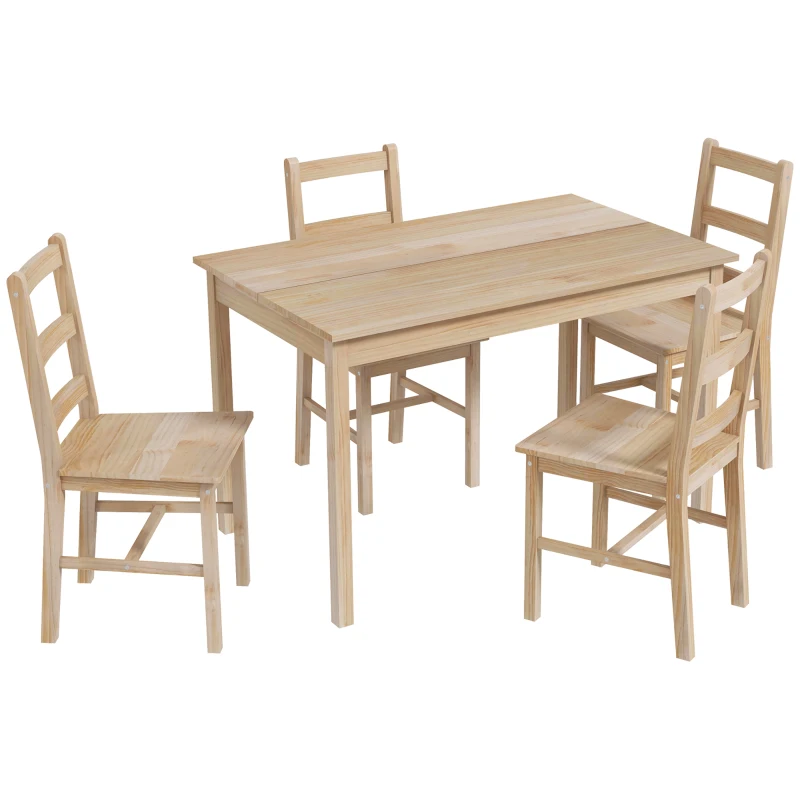HOMCOM Set pranzo 5 pezzi con tavolo e 4 sedie in legno massello, Legno naturale
