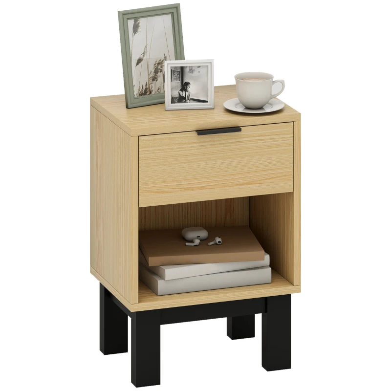 HOMCOM Table de chevet, chevet avec tiroir, compartiment ouvert, commode de nuit pour chambre, salon, 35 x 26 x 50 cm, Chêne