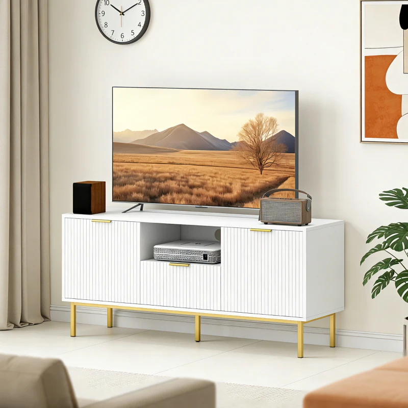 HOMCOM Comodă TV, mobilier TV pentru 127 cm cu 2 uși cu închidere silențioasă, sertar și compartiment deschis, 120x39x54cm, alb