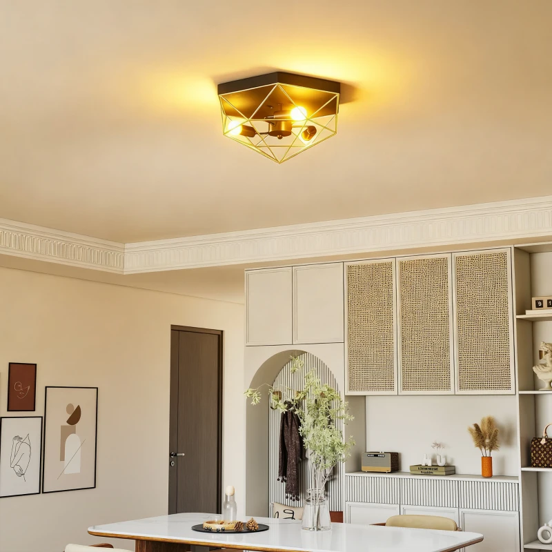 HOMCOM Lampe de Plafond Style Industriel Géométrique avec 3 Douilles E27 pour Ampoules LED, Noir et Or