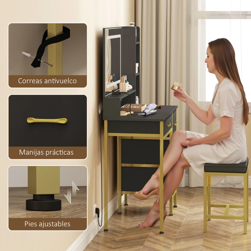 HOMCOM Schminktisch mit Spiegel LED-Licht Ladestation Hocker Ladestation 4 Schubladen Schwarz