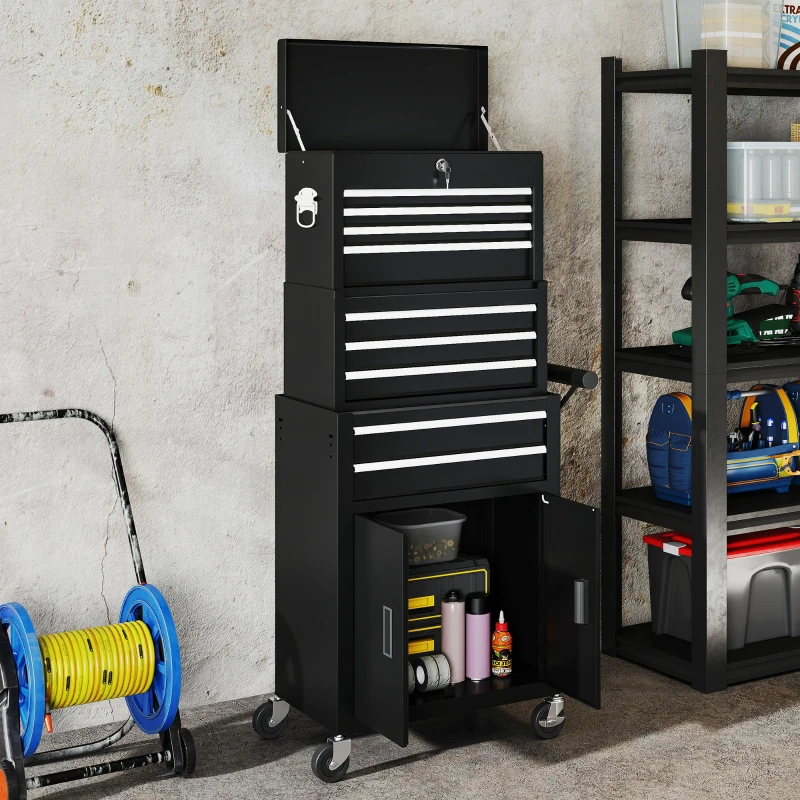 HOMCOM Coffre à outils 3-in-1, armoire à outils sur 4 roues, coffre verrouillable avec 9 tiroirs, acier, Noir
