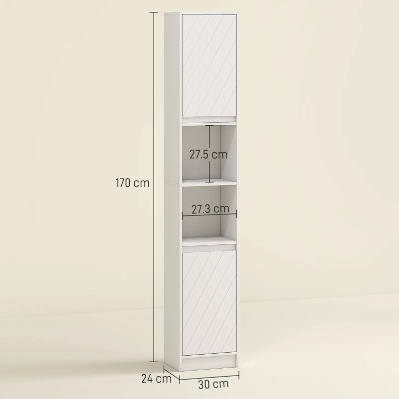 HOMCOM Coloană de baie, mobilier de depozitare cu 2 uși, 2 compartimente deschise, , 30 x 24 x 170 cm, alb