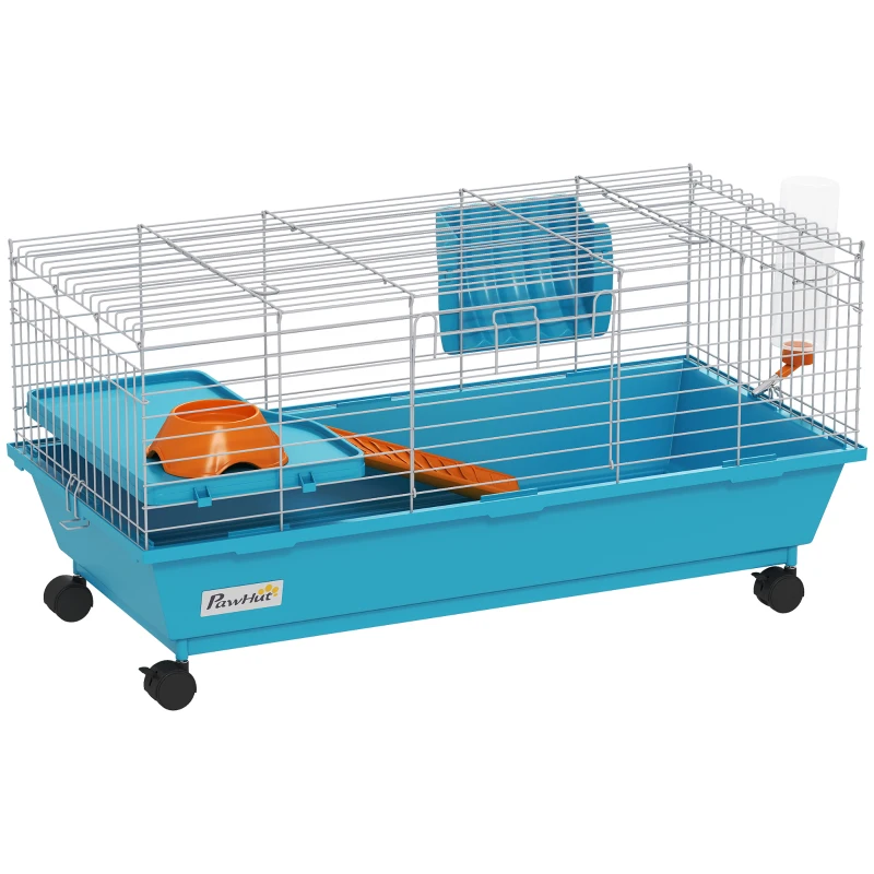 PawHut Cușcă pentru Animale Mici cu Roți Sticlă Bol Distribuitor de Fân pentru Iepuri și Porcușori de Guineea 89x44x43 cm Albastru