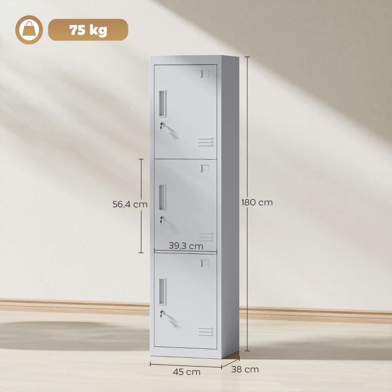 HOMCOM Armoire de bureau en acier à 3 portes indépendantes avec serrure et 2 clés, 45x38x180 cm, Gris Chiaro