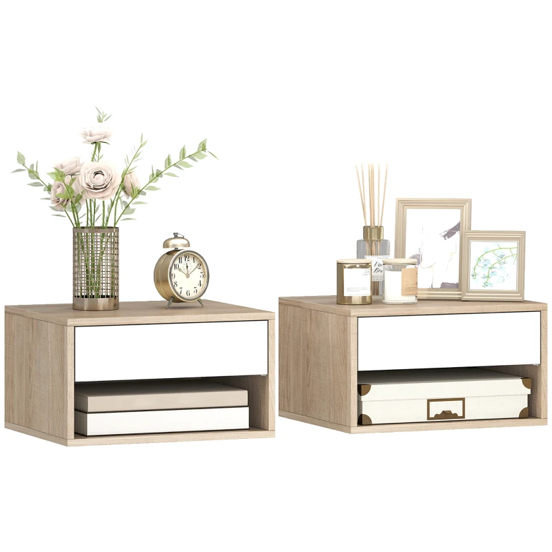 HOMCOM Set mit 2 wandmontierten Nachttischen, Schublade, offenes Fach, Ablage, 37 x 32 x 21 cm, Naturholz