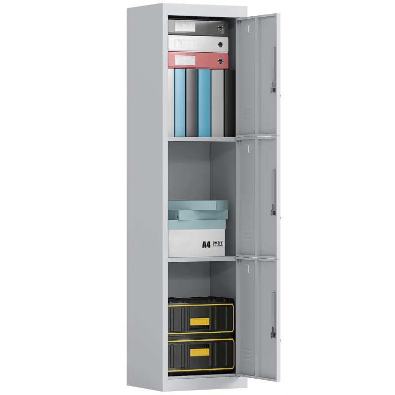 HOMCOM Armoire de bureau en acier à 3 portes indépendantes avec serrure et 2 clés, 45x38x180 cm, Gris Chiaro