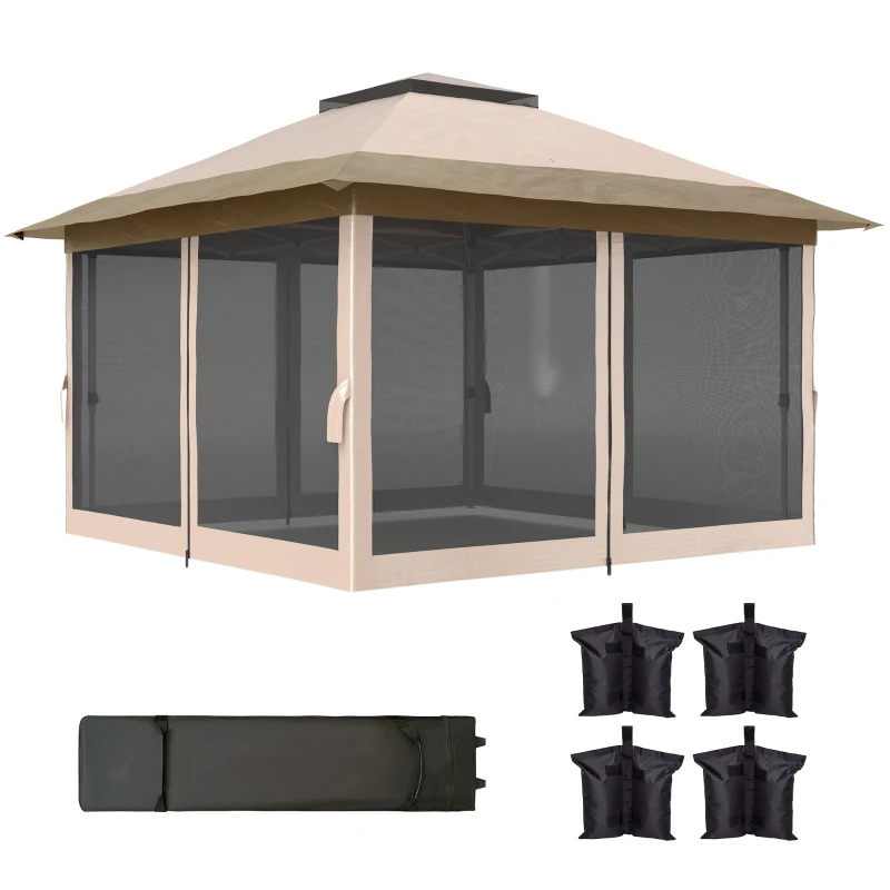 Outsunny Faltpavillon 3,6x3,6 m mit Netzseiten UPF50+ höhenverstellbar Rolltasche und Sandsäcke Beige