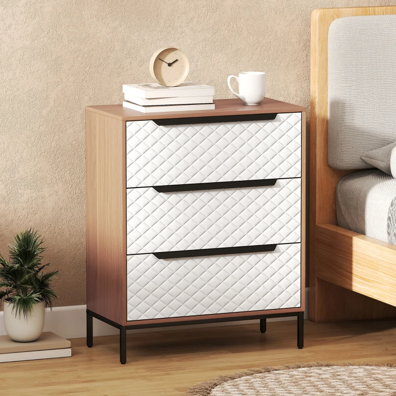 HOMCOM Stoffkommode mit 3 Schubladen Fronten mit Diamantmuster für Wohnzimmer Oficina Ankleidezimmer Natur und Weiß