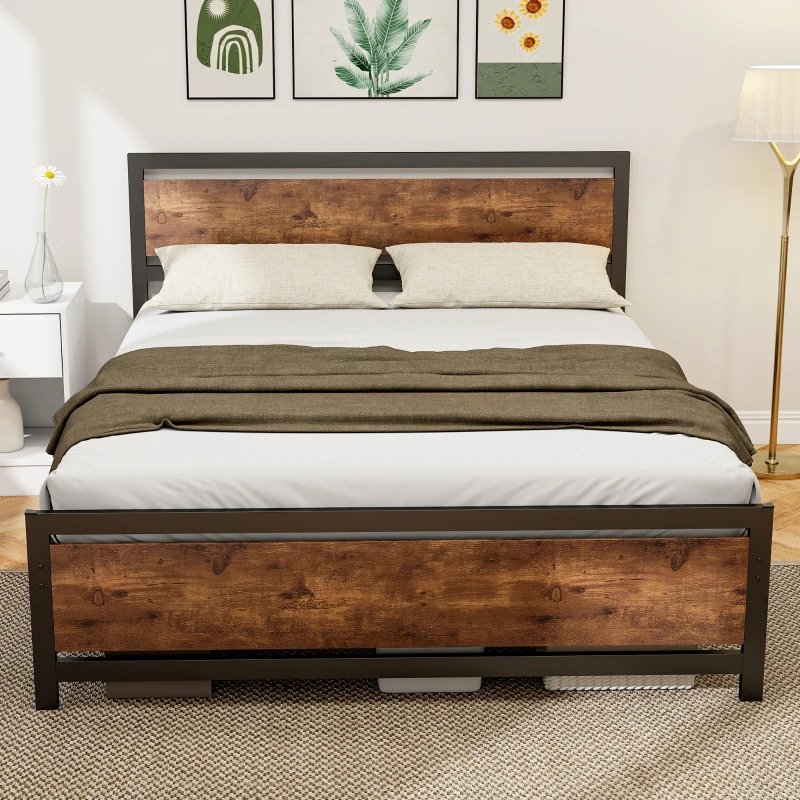 HOMCOM Doppelbettgestell 200 x 160 cm aus Stahl mit Lattenrost und Kopfteil, kompatibel mit Matratze dunkle Holzoptik