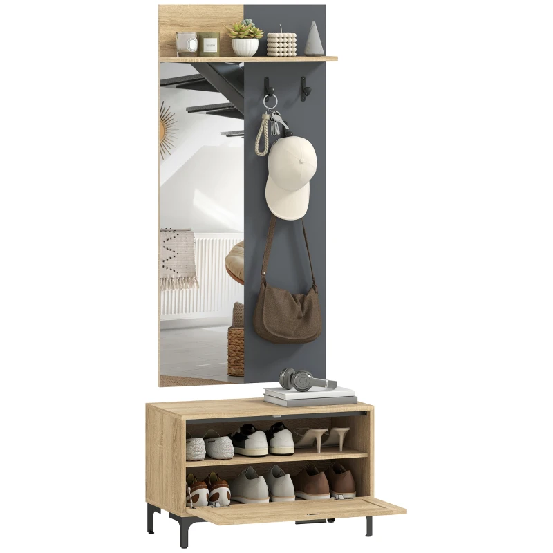 HOMCOM Ensemble d'entrée pour hall, banc à chaussures, miroir, 3 crochets, étagère ouverte, meuble d'entrée, Bois naturel+Gris