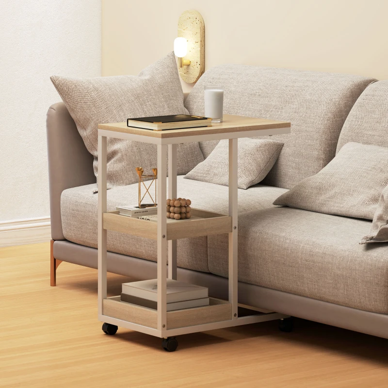 HOMCOM Beistelltisch in C-Form mit Rollen, offenen Ablagen und Stahlrahmen für Wohnzimmer Schlafzimmer 51x33x66 cm Natur und Weiß