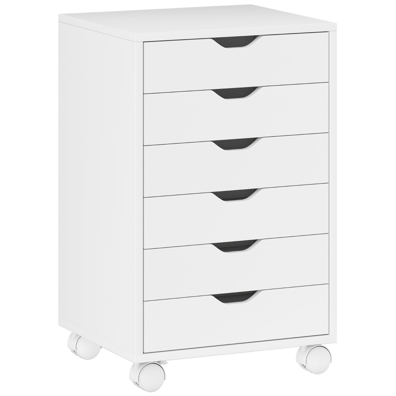 HOMCOM Büroschubladenschrank mit 6 Schubladen, 4 Rollen und Feststellbremse, 40x35x63 cm, Weiß