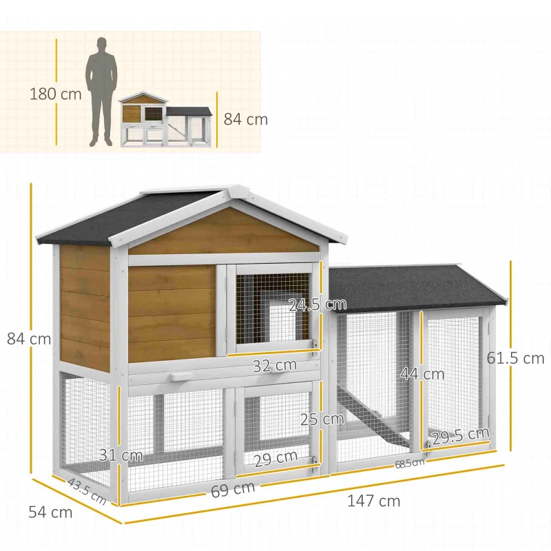 PawHut Cușcă pentru iepuri 2 niveluri Cușcă din lemn Cușcă pentru iepuri cu acoperiș bituminos Tarc de alergare Rampă Uși 147x54x84 cm Galben