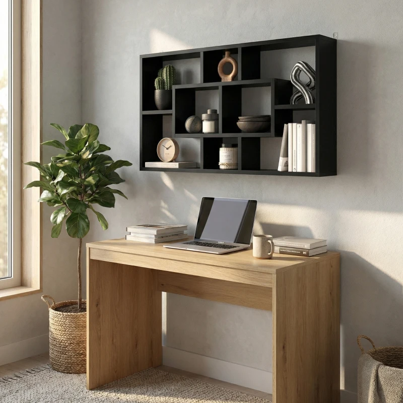 HOMCOM Dekoratives Wandregal, Bücher- und CD-Regal mit 8 Fächern, 85x14,5x47,5 cm, Schwarz