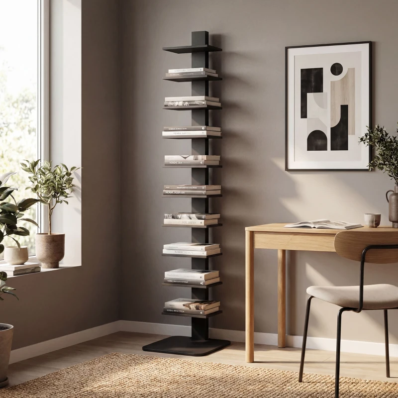 HOMCOM Modernes, hohes Bücherregal mit 11 Ablagen, platzsparend im Industrie-Stil, 34.5x41.5x163.5 cm, Schwarz