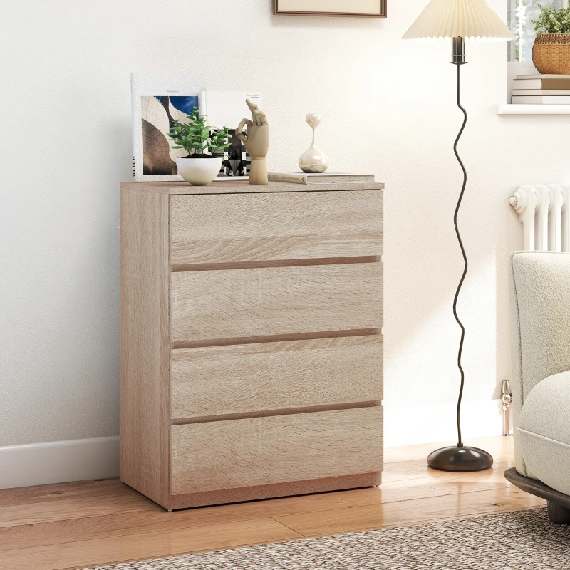HOMCOM Commode 4 tiroirs en bois avec rails métalliques et poignées rainurées, 60x40x80 cm, couleur Hêtre