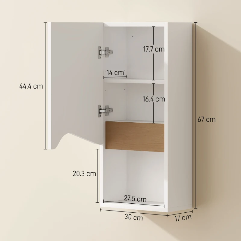 HOMCOM Dulap de baie de perete cu ușă cu închidere silențioasă și compartiment deschis 30 x 17 x 67 cm Alb