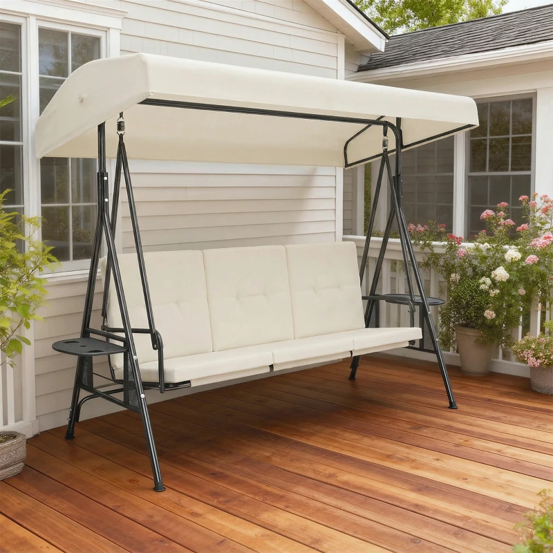 Outsunny Gartenschaukel 3 Personen hoher Komfort verstellbares Dach, 2 Seitentabletts, Kissen, Stahl Polyester