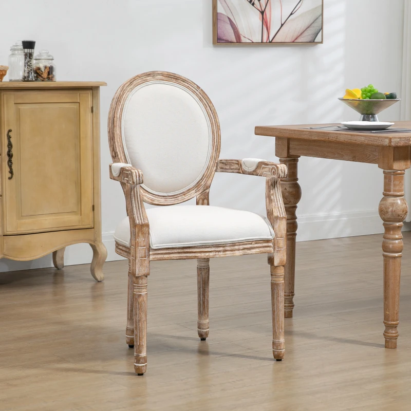 HOMCOM Sedia pranzo imbottita con braccioli e gambe in legno, Crema e Legno naturale