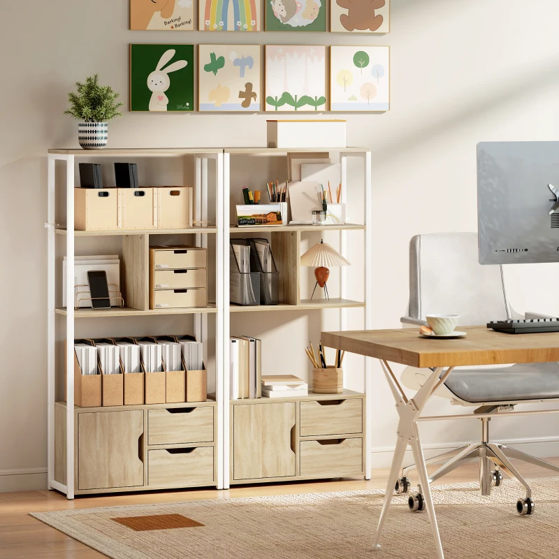 HOMCOM Bücherregal Regal für Bücher mit Regalböden, Schubladen und Tür 58x24x122 cm Industrial-Stil Weiß und Naturholz