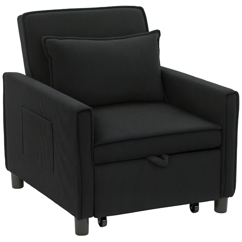 HOMCOM Poltrona letto reclinabile 3 posizioni in velluto a coste, fino a 120 kg, Nero