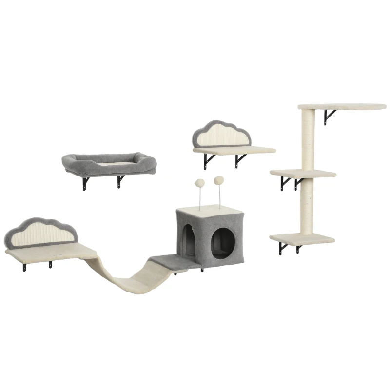 PawHut Set d'arbre à chat mural, surfaces à griffer en sisal, 4 pièces, pour 1-3 chats, Beige