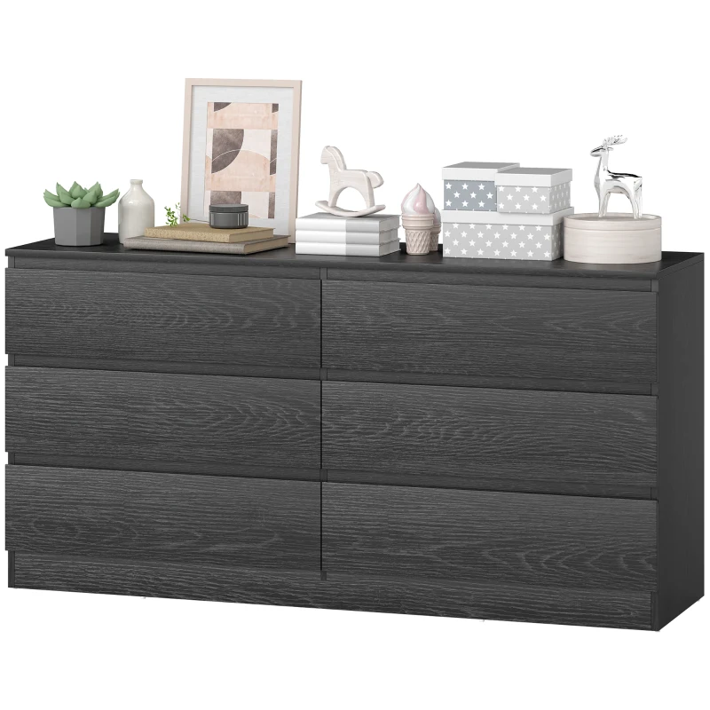 HOMCOM Schlafzimmerkommode mit 6 Schubladen Schubladenschrank für Wohnzimmer Büro Moderner Stil 140x40x71 cm Schwarz mit Holzmaserung