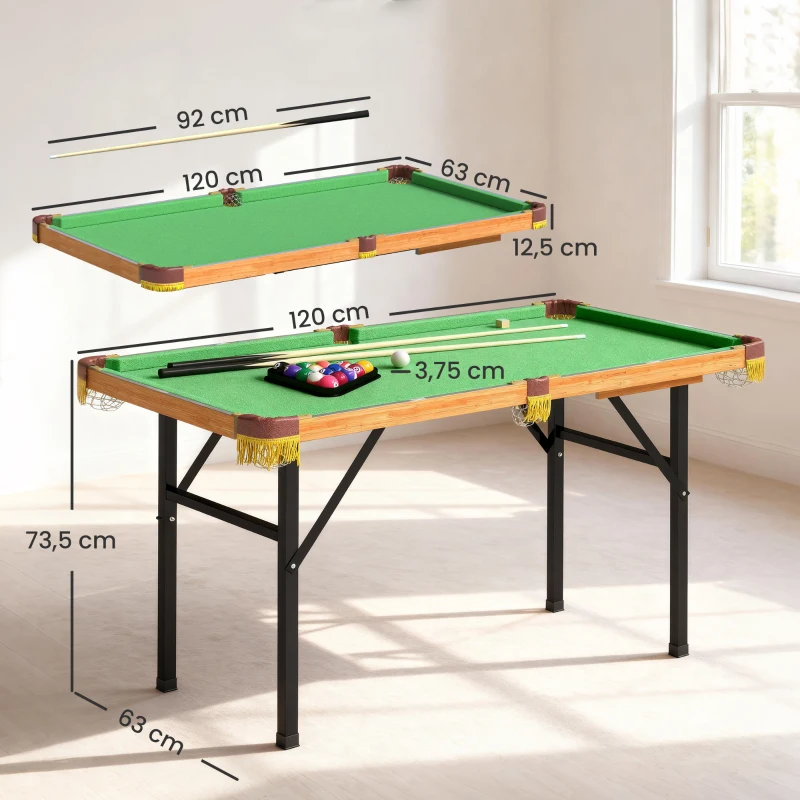 SPORTNOW Table de billard pliable, mini table de billard, 2 queues, 16 boules, triangle, brosse, vert