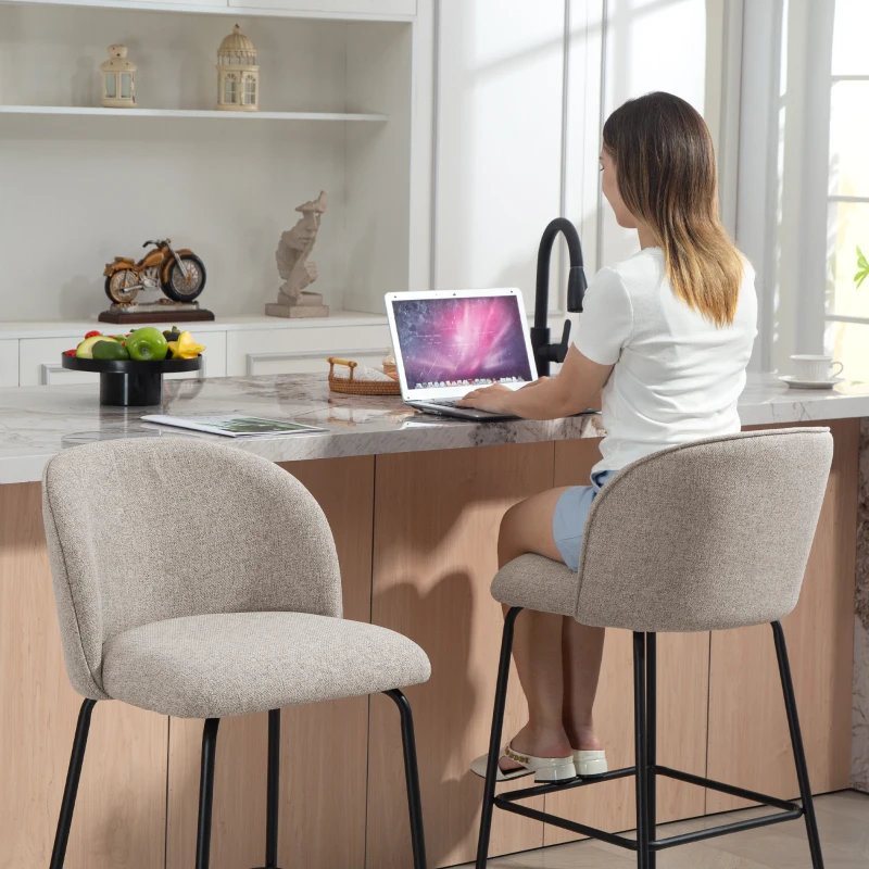 HOMCOM Lot de 2 Tabourets de Bar avec Dossier et Repose-Pieds, Revêtement en Tissu et Pieds en Acier, Gris