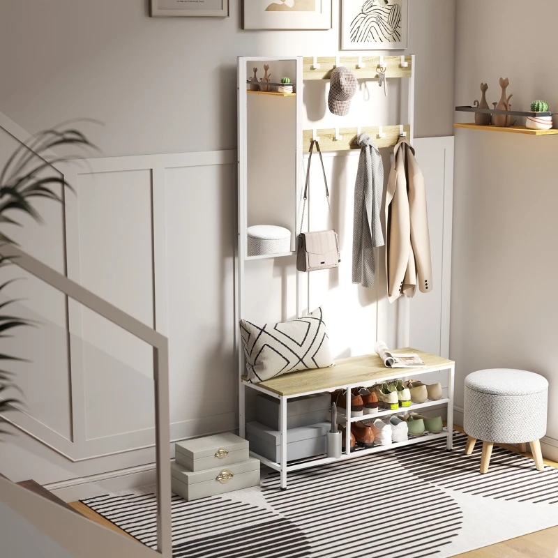 HOMCOM Garderobenständer mit Schuhregal und Spiegel 3 Ablagen Sitzbank 10 verstellbare Haken Moderner Stil für Flur 98x34x186 cm Naturholz