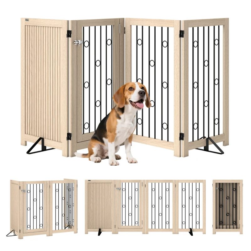 PawHut Portail autoportant pour animaux, grille pour chien avec porte, 4 panneaux, pour couloir, escalier, cadre de porte, MDF, acier