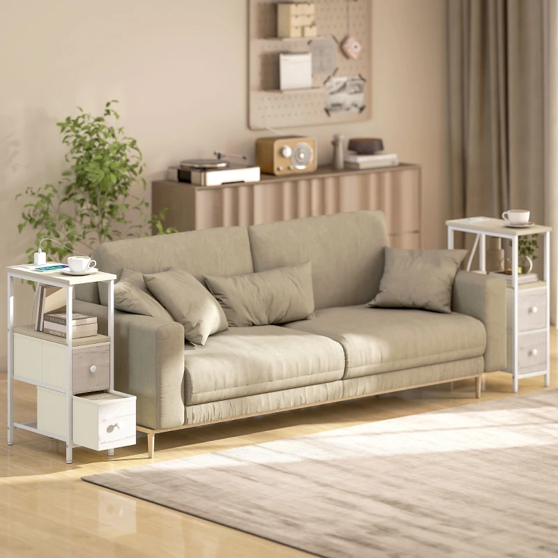 HOMCOM Lot de 2 Tables d'Appoint Étroites avec Prise CA Port USB Port USB-C 2 Tiroirs en Tissu Bois naturel