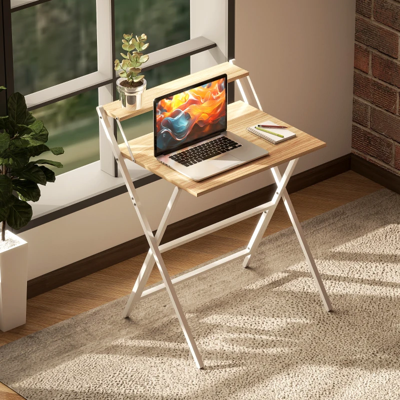 HOMCOM Birou pliabil 65,5 x 45 cm cu etajeră de depozitare pentru dormitor, spații mici, lemn natural