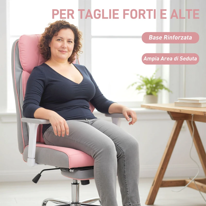 HOMCOM Chaise de Bureau Ergonomique Renforcée avec Accoudoirs Réglables, Repose-pieds et Appuie-tête, Rose