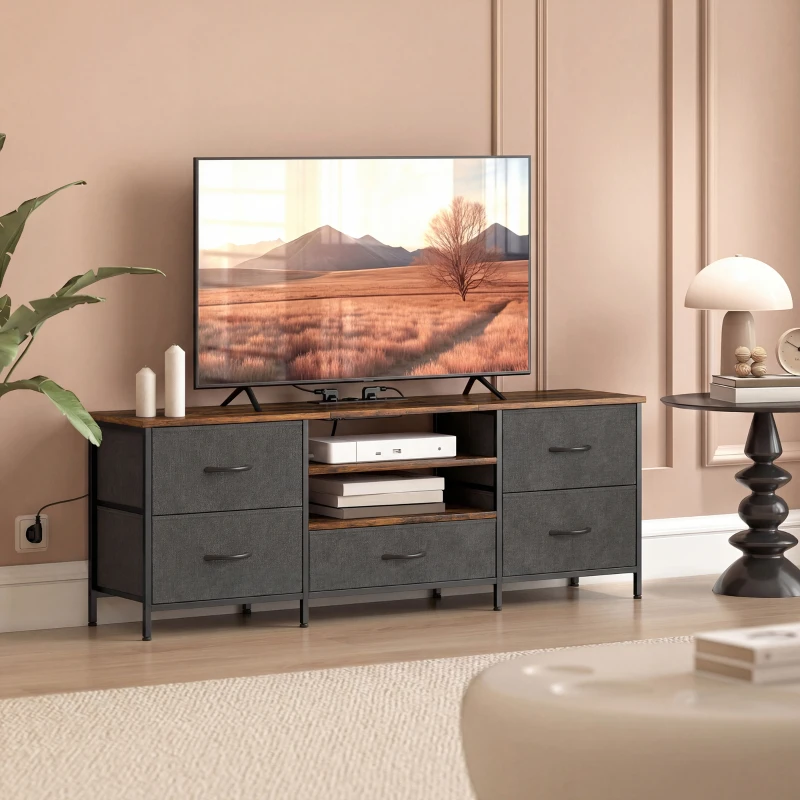 HOMCOM TV-Möbel 140 cm, TV-Bank 165,1 cm, Ladestation, 5 Stoffschubladen, offene Regale, 140x30x50cm, rustikabraun