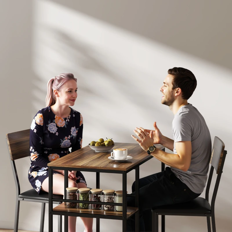 HOMCOM Table de Bar à 3 Étagères et 2 Tabourets avec Repose-pieds et Dossier, en Bois et Acier, Noir et couleur Noyer