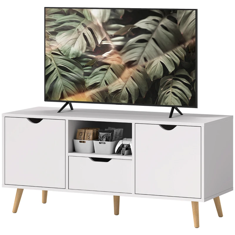 HOMCOM TV-Möbel mit Schublade 2 Türen und offenem Fach Holzbeine für Fernseher 127 cm 110x40x50 cm Weiß