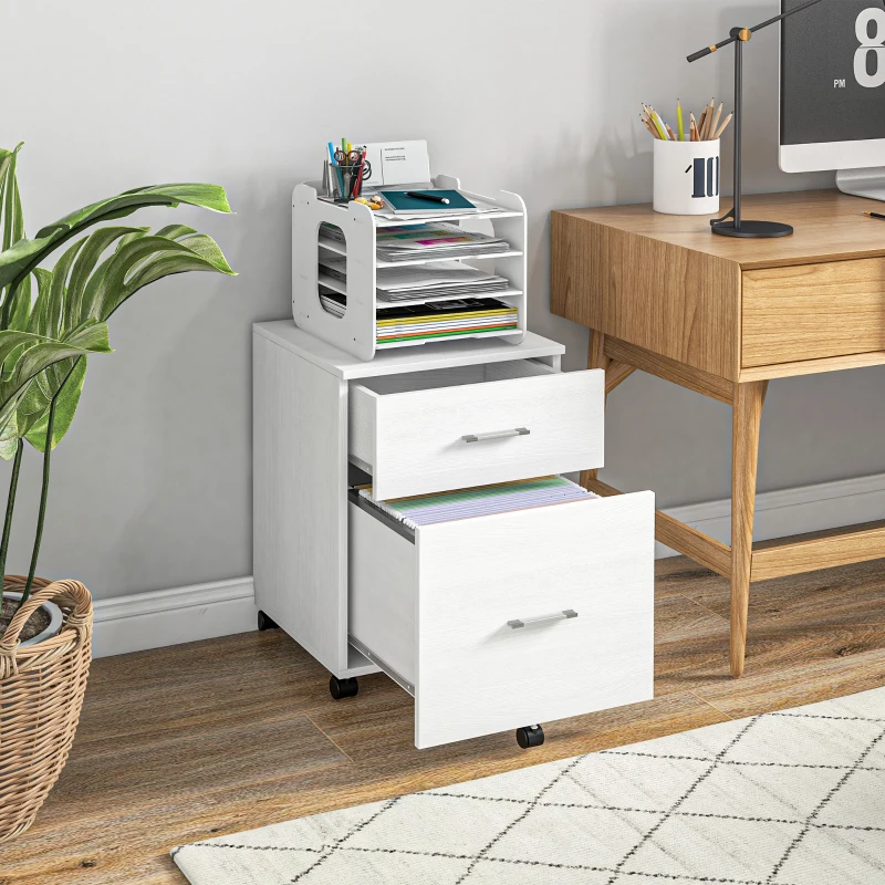 HOMCOM Comodă de birou cu 2 sertare Roți Arhivator mobil pentru fișiere A4 sau Letter 39,5x39x58,5 cm Alb