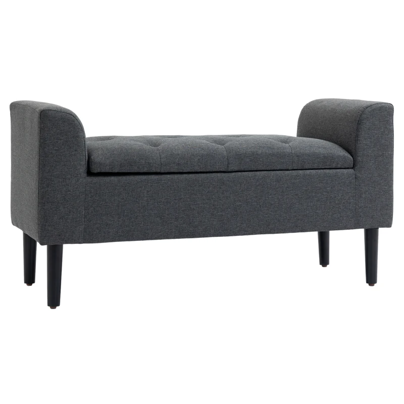 HOMCOM Panca Imbottita con Contenitore, Gambe in Legno, Portata fino a 130 kg, per Soggiorno, Camera e Ingresso, Effetto Lino, 116x44x58 cm, Grigio Scuro